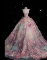 Vintage Fashion Ball Gown Strapless Pink Floral Floor Length Evening Dresses Evening Prom Dresses